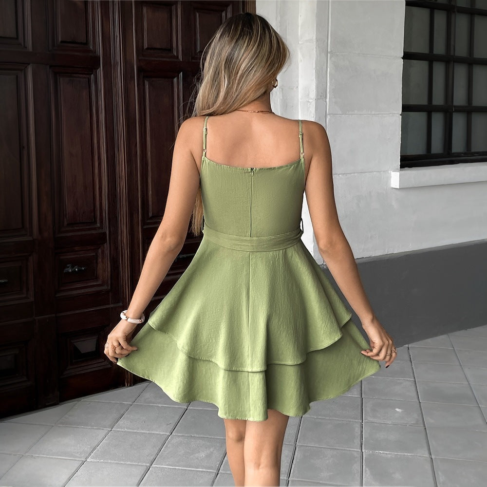 Women’s Mini Dress – Fit and Flare – V-Neck – Spaghetti Straps – Tiered Skirt – Bow Waist
