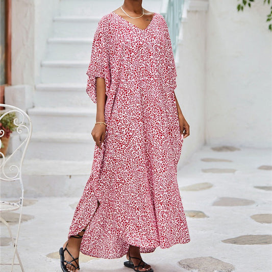 Women’s Kaftan Dress – Relaxed Fit – V-Neck – Animal Print – Breathable Blend