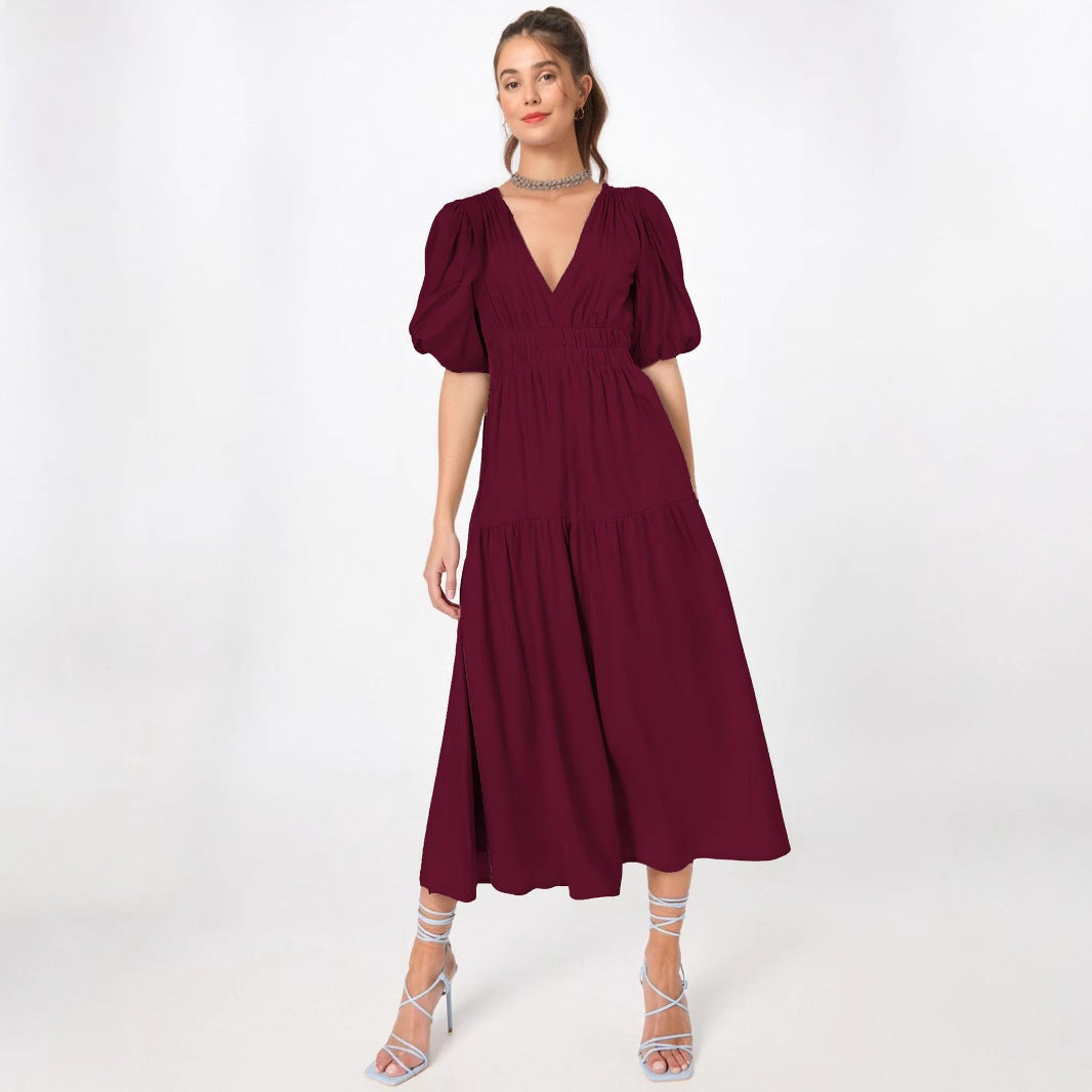 Women’s Midi Dress – Lightweight Fabric – Deep V-Neck – Puff Sleeves – Tiered Skirt