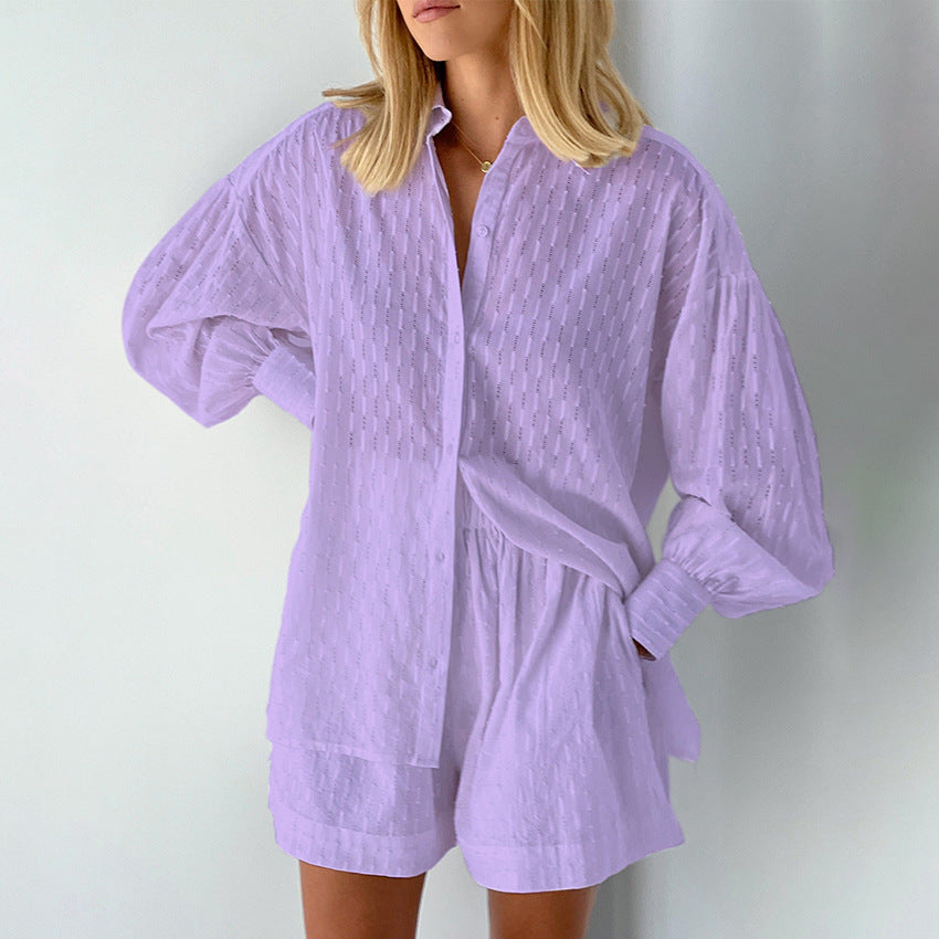 Women’s Blouse and Shorts Set – Jacquard Fabric – Relaxed Fit – Puff Sleeves – Elastic Waist