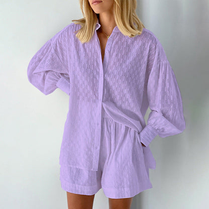 Women’s Blouse and Shorts Set – Jacquard Fabric – Relaxed Fit – Puff Sleeves – Elastic Waist