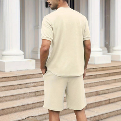 Men’s Zip-Up Top and Shorts Set – Waffle Knit – Relaxed Fit – Breathable Casual Wear