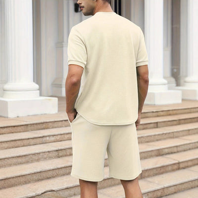 Men’s Zip-Up Top and Shorts Set – Waffle Knit – Relaxed Fit – Breathable Casual Wear