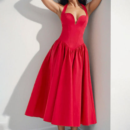 Women’s Halter Midi Dress – Satin Finish – A-Line Fit – Open Back – Formal Wear