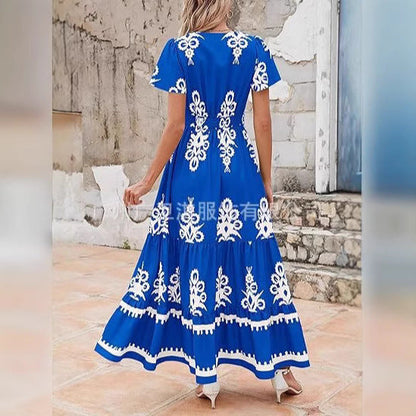 Women’s Maxi Dress – Bohemian A-Line Fit – Floral Print – V-Neck – Short Sleeve