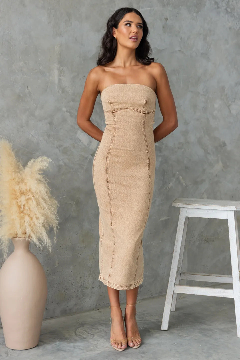 Women’s Strapless Midi Dress – Slim Fit – Structured Denim Panel Design