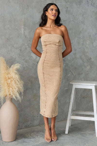 Women’s Strapless Midi Dress – Slim Fit – Structured Denim Panel Design