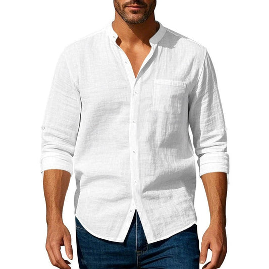 Men’s Long Sleeve Shirt – Relaxed Fit – Linen – Band Collar – Button Tab Sleeves