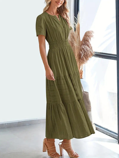 Women’s Maxi Dress – V-Neck – Puff Sleeve – Ruched Waist – Tiered A-Line Fit
