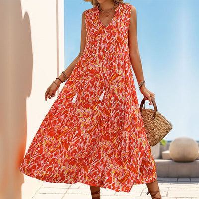 Women’s Dress – Lightweight Cotton – Sleeveless A-Line – Tiered Midi V-Neck
