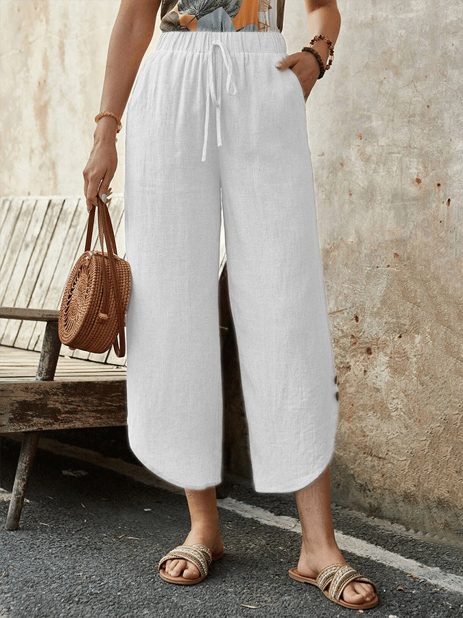 Women’s Cropped Trousers – Cotton Linen Blend – High Waist – Wide Leg – Drawstring Waist
