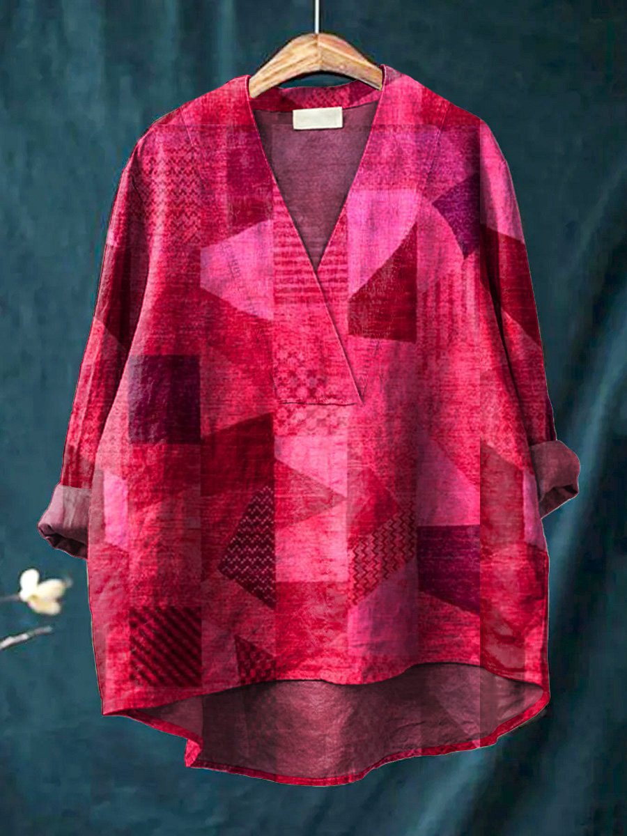 Women’s Long Sleeve Shirt – Relaxed Fit – V-Neck – Digital Print