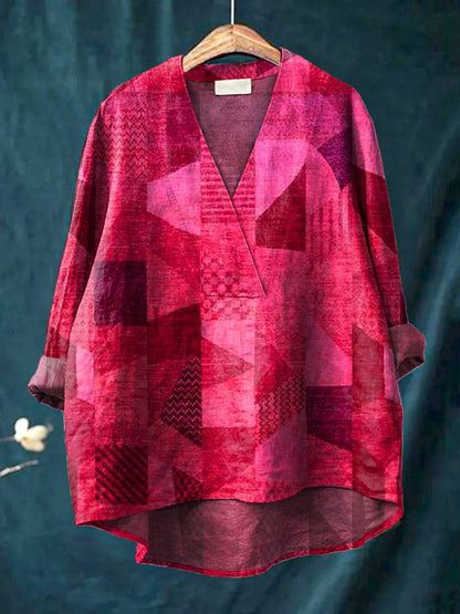 Women’s Long Sleeve Shirt – Relaxed Fit – V-Neck – Digital Print