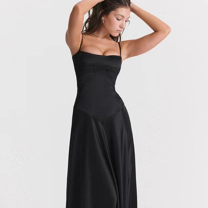 Women’s Evening Dress – Satin Finish – Slim Fit – Spaghetti Strap – Open Back Gown