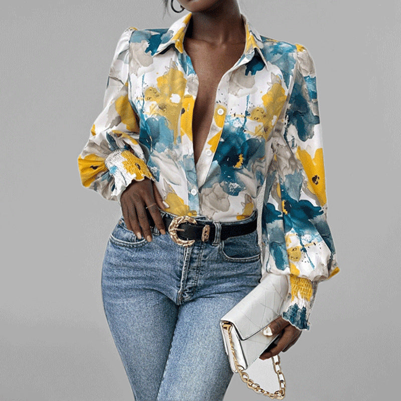 Women’s Button-Down Shirt – Oversized Fit – Puff Sleeve – Floral Print – Smocked Cuffs