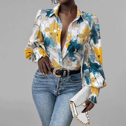 Women’s Button-Down Shirt – Oversized Fit – Puff Sleeve – Floral Print – Smocked Cuffs
