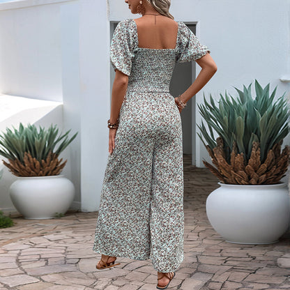 Women’s Jumpsuit – Smocked Bodice – Wide Leg – Puff Sleeve – Floral Print – Square Neck