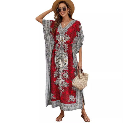 Women’s Maxi Dress – Relaxed Fit – V-Neck – Short Wide Sleeves – Ornate Pattern