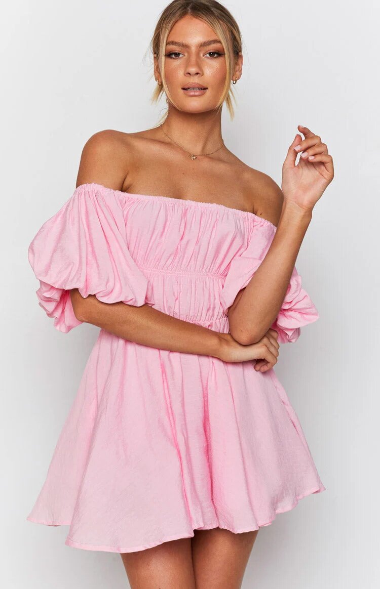 Women’s Mini Dress – Off-Shoulder Puff Sleeve – Flared A-Line – Elastic Waist