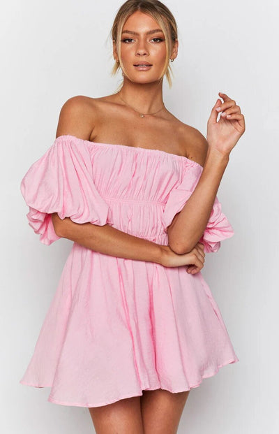 Women’s Mini Dress – Off-Shoulder Puff Sleeve – Flared A-Line – Elastic Waist