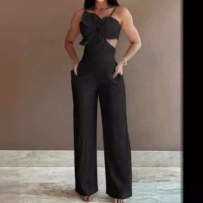 Women’s Jumpsuit – Fitted Bodice – Wide Leg – Backless – Bow Front – Cut-Out Detail