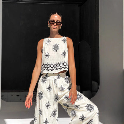 Women’s Matching Set – Embroidered Sleeveless Crop Top & High-Waist Wide-Leg Trousers