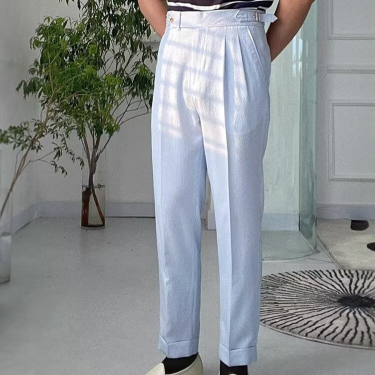 Men’s Straight-Leg Trousers – High Waist – Pleated Front – Textured Breathable Fabric