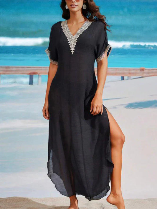 Women’s Long Dress – Flowing Fit – V-Neck – Side Slit – Decorative Stitching