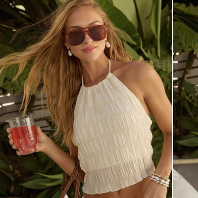 Women’s Two-Piece Set – Halter Neck – Lightweight Pleated Fabric – Relaxed Fit – Ruffled Hem