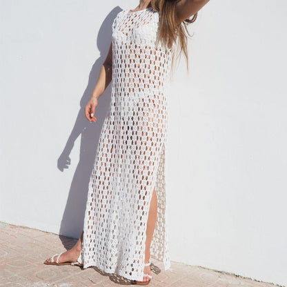 Women’s Maxi Dress – Crochet Knit – Sleeveless Sheer Cover-Up – Side Slit Relaxed Fit