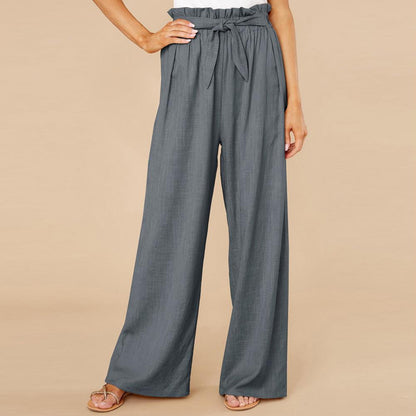 Women’s Wide-Leg Trousers – Cotton Linen Blend – High Waist – Elastic Waist with Tie Belt