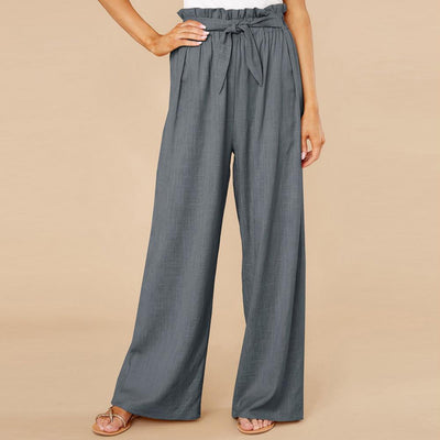 Women’s Wide-Leg Trousers – Cotton Linen Blend – High Waist – Elastic Waist with Tie Belt