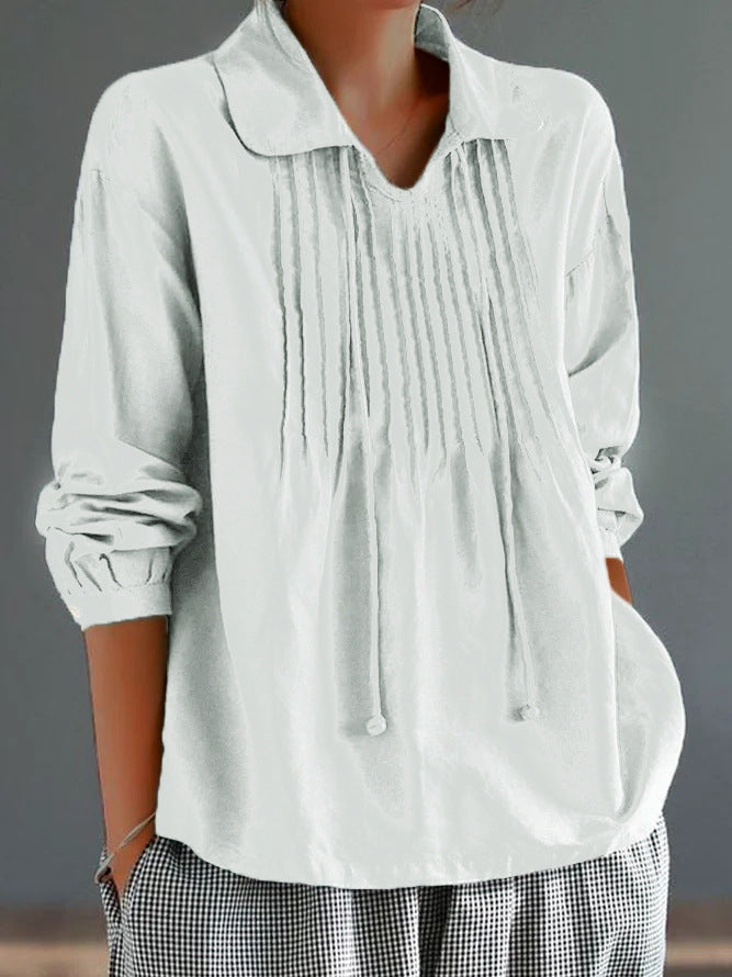Women’s Long Sleeve Shirt – Cotton Linen Blend – Relaxed Fit – Pleated Front – Drawstring