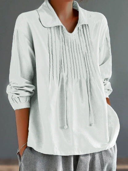 Women’s Long Sleeve Shirt – Cotton Linen Blend – Relaxed Fit – Pleated Front – Drawstring