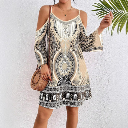 Women’s Midi Dress – Off-Shoulder Cold Shoulder – Relaxed Fit – Breathable Blend