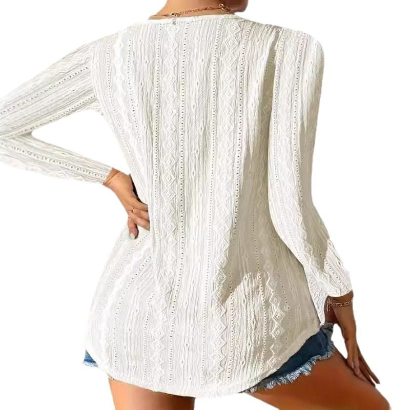 Women's Button Detail Long Sleeve Top - Casual V-Neck - Textured Knit