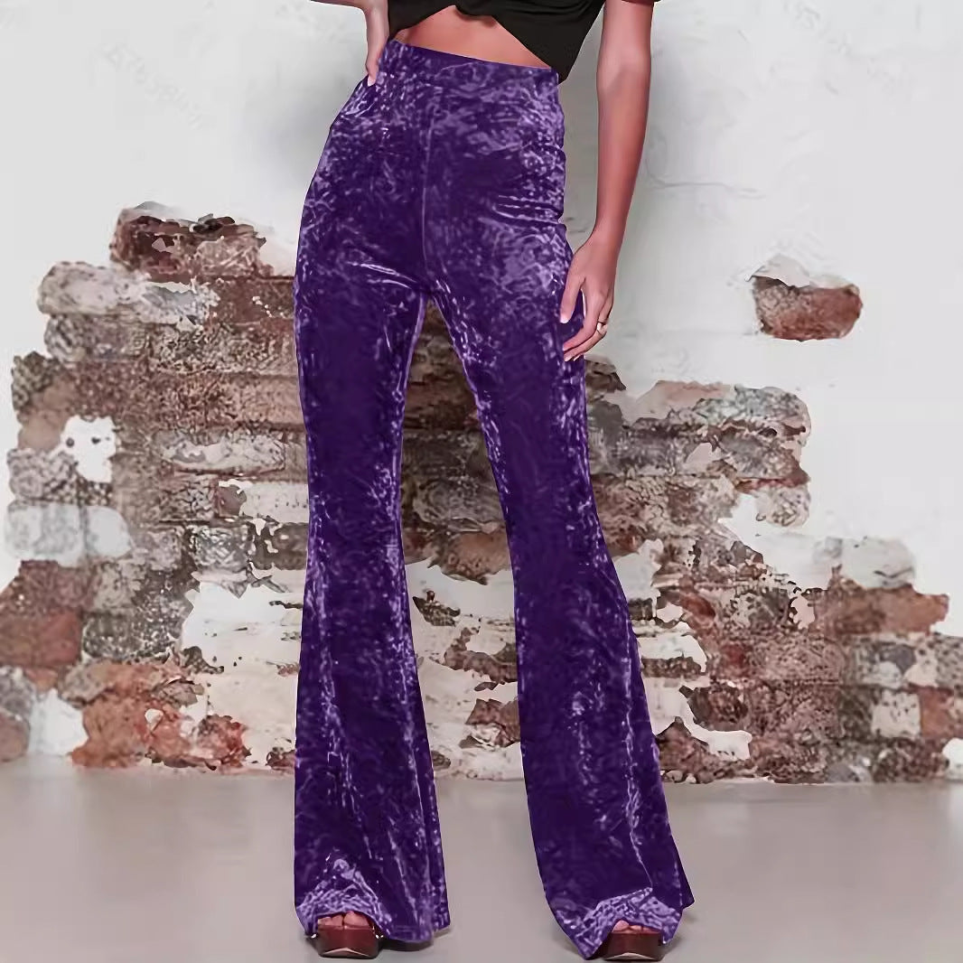Women’s Flared Trousers – High Waist – Velvet Touch – Tailored Fit – Full Length