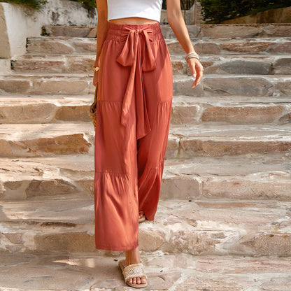 Women’s Wide-Leg Trousers – High Waist – Tie Front – Elastic Waist – Breathable Cotton