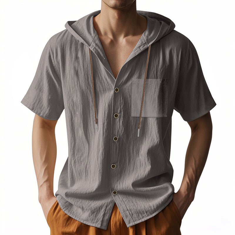 Men’s Hooded Shirt – Linen Blend – Relaxed Fit – Short Sleeve – Button-Up Casual Top