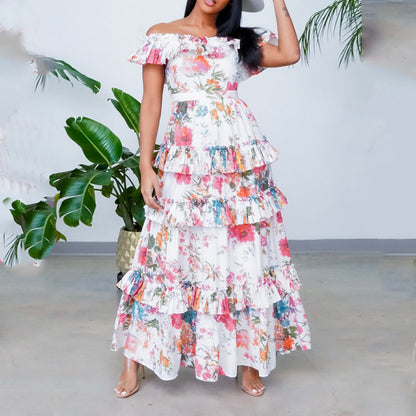 Women’s Maxi Dress – Off Shoulder – Tiered Ruffles – Natural Fibers – Flowy Fit