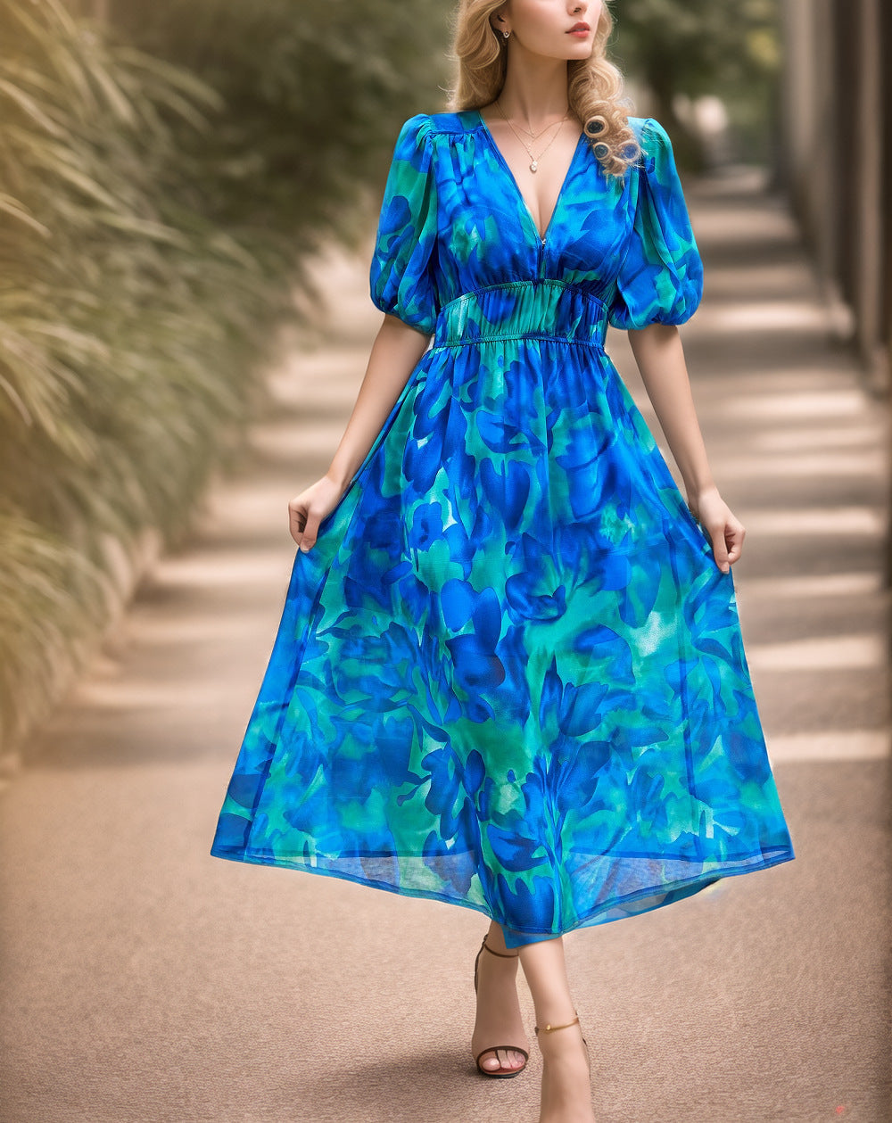 Women’s Midi Dress – Fitted Waist – V-Neck – Puff Sleeves – Bold Print – Breathable Blend