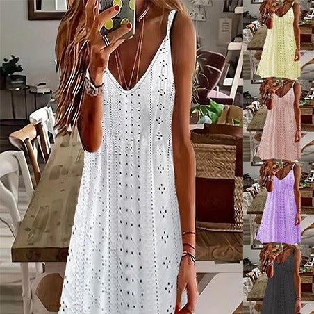 Women’s Slip Dress – Embroidered Detailing – V-Neck – Relaxed Fit