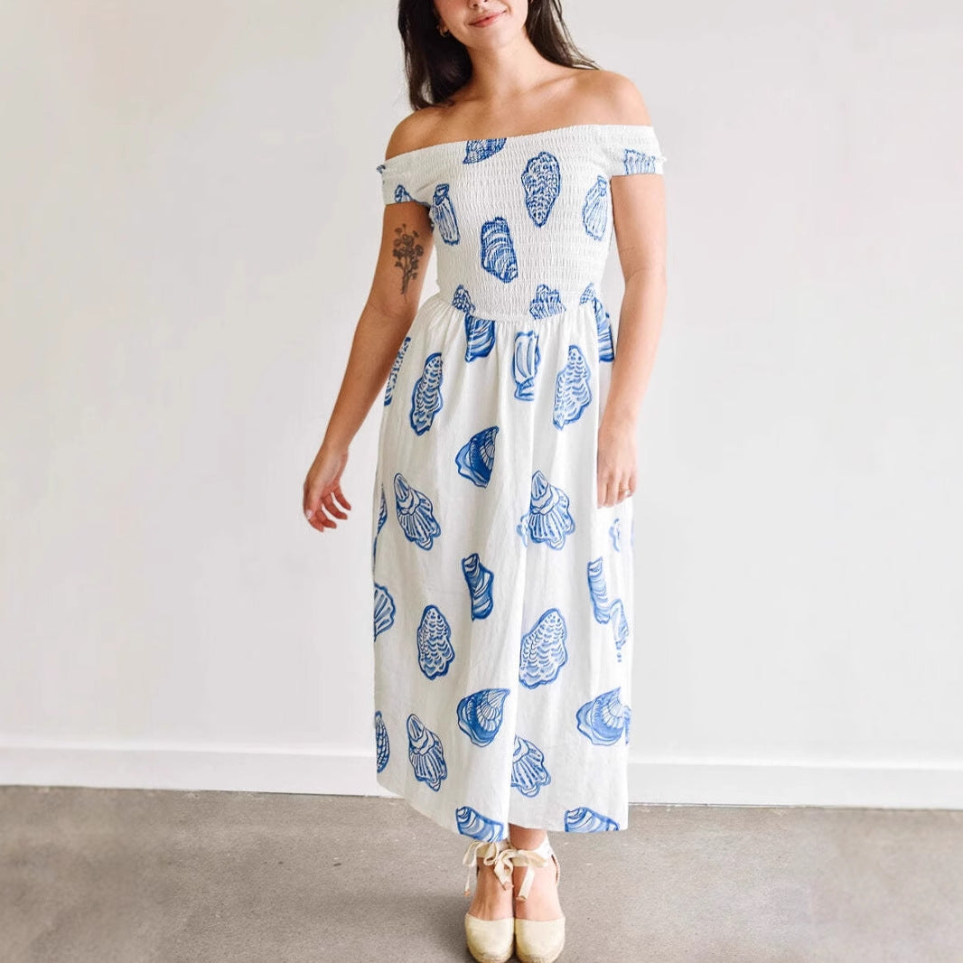 Women’s Midi Dress – Off-Shoulder – Smocked Bodice – Shell Print – Lightweight A-Line