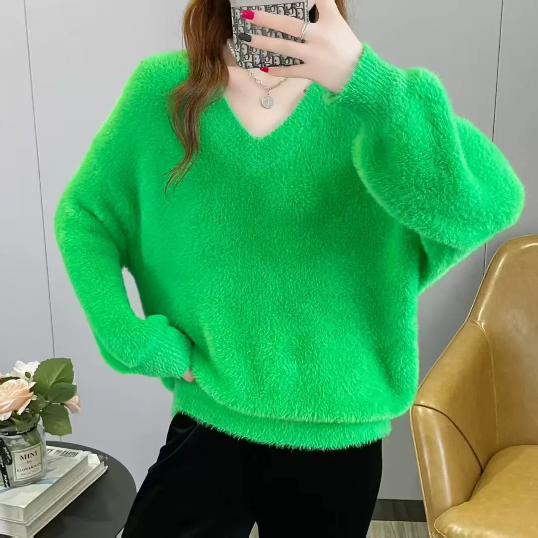 Women’s V-Neck Sweater – Fluffy Knit – Loose Fit – Ribbed Trim – Long Sleeve Casual Wear