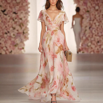 Women’s Maxi Dress – Fit and Flare – Deep V-Neck – Flutter Sleeve Floral Gown