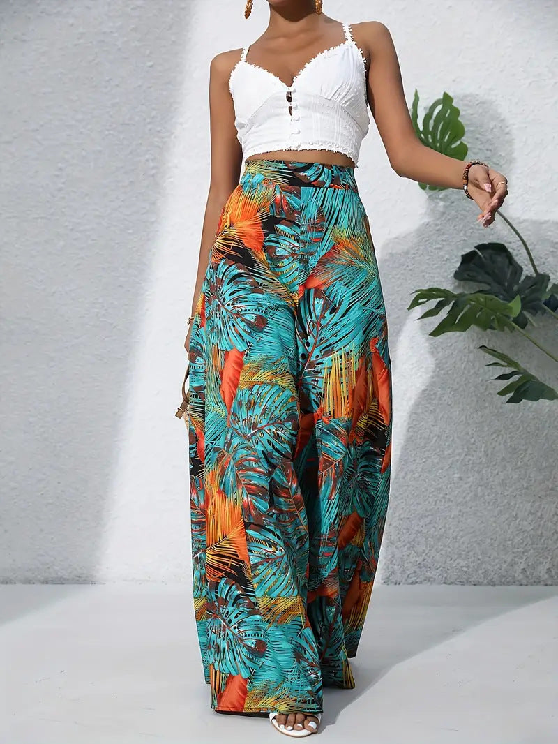 Women’s Wide-Leg Trousers – High Waist – Lightweight Fabric – Floral Print – Full Length
