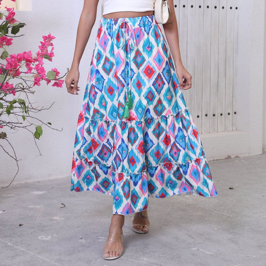 Women’s Maxi Skirt – Lightweight Cotton Blend – Tiered Boho Design – Drawstring Waist