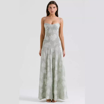 Women’s Evening Gown – Chiffon Slim Fit – Spaghetti Straps – Embroidered Draped Panel