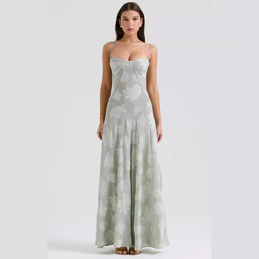 Women’s Evening Gown – Chiffon Slim Fit – Spaghetti Straps – Embroidered Draped Panel