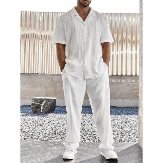 Men’s Casual Set – Lightweight Button-Up Shirt & Straight Leg Trousers – Relaxed Fit